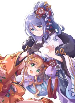 2girls absurdres blush commentary_request fur-trimmed_kimono fur_trim green_eyes hair_ornament heart highres hime_cut japanese_clothes kimono multiple_girls orange_hair princess_connect! purple_hair rino_(new_year)_(princess_connect!) rino_(princess_connect!) shizuru_(new_year)_(princess_connect!) shizuru_(princess_connect!) smile tassel tsukachii white_background wide_sleeves