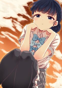 Rule 34 | 1girl, basori tiara, black hair, black pantyhose, blue bow, blue bowtie, blush, bow, bowtie, collared shirt, commentary, feet out of frame, from below, grey skirt, hair bun, highres, make heroine ga oo sugiru!, mono9ron, outdoors, pantyhose, pout, school uniform, shirt, short hair, short sleeves, skirt, sky, solo, squatting, summer uniform, sunset, tsuwabuki high school uniform, white shirt