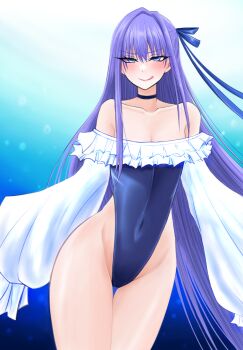 Rule 34 | 1girl, bare shoulders, blue eyes, blue one-piece swimsuit, blue ribbon, blush, breasts, choker, commentary request, fate/grand order, fate (series), frills, hair ribbon, highleg, highleg one-piece swimsuit, highres, licking lips, long hair, long sleeves, looking at viewer, mcpc zamurai, meltryllis, meltryllis (fate), meltryllis (swimsuit lancer) (fate), meltryllis (swimsuit lancer) (second ascension) (fate), off-shoulder one-piece swimsuit, off shoulder, one-piece swimsuit, puffy sleeves, purple hair, ribbon, sleeves past fingers, sleeves past wrists, small breasts, smile, solo, swimsuit, thighs, tongue, tongue out, very long hair, white ribbon
