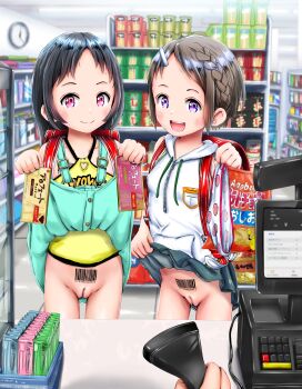 2girls absurdres backpack bag barcode black_hair blush braid breasts candy censored chips_(food) cleft_of_venus clothes_lift convenience_store exhibitionism flat_chest food food_print fruit_print hair_ornament hairclip higeepon highres hood hoodie huge_filesize loli long_hair looking_at_viewer mosaic_censoring multiple_girls naughty_face no_panties panties pov pov_hands print_panties public_indecency public_nudity pussy randoseru shop short_hair skirt skirt_lift small_breasts smile standing strawberry_panties strawberry_print tagme thigh_gap third-party_edit underwear unworn_panties upskirt