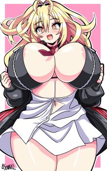 absurdres antenna_hair areola_slip bikini bikini_top_only black_bikini black_jacket blonde_hair blue_archive breasts cleavage cosplay eimi_(blue_archive) eimi_(blue_archive)_(cosplay) fang hair_between_eyes hair_ornament happy headphones headphones_around_neck highres huge_breasts jacket kagamisama29 kami_jigen_game_neptune_v light_blush long_hair navel necktie neptune_(series) open_mouth orange_eyes partially_unbuttoned pink_background power_symbol power_symbol-shaped_pupils red_necktie shirt swimsuit symbol-shaped_pupils twitter_username white_shirt wide_hips yellow_heart_(neptunia) zipper_bikini