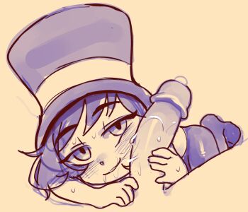 1boy 1girl a_hat_in_time blush closed_mouth drooling erection eyebrows eyes_visible_through_hair hat hat_kid loli looking_at_viewer penis penis_grab penis_on_face pettankon pov precum saliva simple_background sketch smile solo_focus sweat tan_background top_hat
