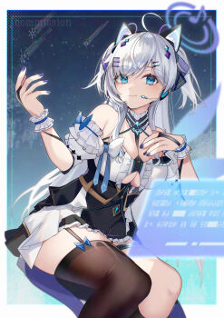 1girl absurdres animal_ears bare_shoulders black_dress black_thighhighs blue_eyes blue_nails breasts cat_ears cleavage_cutout clothing_cutout commission dress fake_animal_ears frilled_wrist_cuffs frills hair_ornament headset highres holographic_monitor large_breasts long_hair looking_at_viewer off-shoulder_dress off_shoulder original single_thighhigh skeb_commission smile solo tanaka_(tps9g) thighhighs white_dress white_hair wrist_cuffs