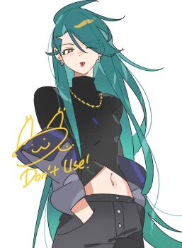 Rule 34 | 1girl, black pants, black shirt, breasts, clothing cutout, earrings, green hair, grey jacket, hands in pockets, highres, jacket, jacket partially removed, jewelry, long hair, looking at viewer, midriff, nanaasuzy, navel, necklace, nintendo, official alternate costume, official alternate hairstyle, pants, pokemon, pokemon masters ex, red eyes, rika (palentine's 2026) (pokemon), rika (pokemon), shirt, small breasts, solo, stomach cutout, tongue, tongue out, very long hair