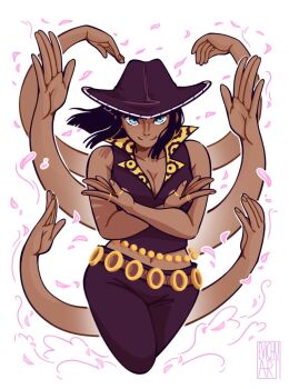 Rule 34 | 1girl, blue eyes, blunt bangs, commentary, crossed arms, english commentary, evichuart, extra arms, falling petals, hat, high collar, highres, jewelry, looking at viewer, nico robin, one piece, pants, petals, pink petals, purple hat, purple pants, purple shirt, ring, shirt, sleeveless, sleeveless shirt, smile, solo, watermark