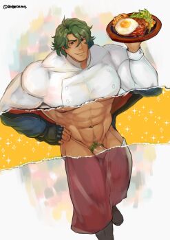 1boy abs alternate_costume alternate_pectoral_size bara chef dark-skinned_male dark_skin foot_out_of_frame green_hair highres holding holding_plate impossible_clothes joe_(sk8) large_pectorals looking_at_viewer male_focus male_pubic_hair medium_hair muscular muscular_male navel navel_hair nipples pectorals penis penis_peek plate pubic_hair revealing_layer robokeh shirt sk8_the_infinity solo stomach tight_clothes tight_shirt