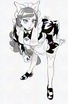 1girl apron braid braided_ponytail hand_on_own_hip highres imj_std leaning lebanne_(pokemon) long_hair long_sleeves maid maid_apron maid_headdress monochrome nintendo pokemon pokemon_legends:_z-a puffy_sleeves solo standing thick_eyebrows thighhighs