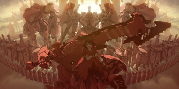 Rule 34 | 1girl, army, backlighting, belt, belt buckle, buckle, cigar, cigarette, coat, crossed arms, dog tags, grin, highres, holding, holding sword, holding weapon, hood, huge weapon, long coat, mecha, over shoulder, pixiv fantasia, ponytail, red coat, red theme, robot, short sleeves, slit pupils, smile, standing, swept bangs, sword, tsukuba masahiro, viola (pixiv fantasia), weapon, weapon over shoulder