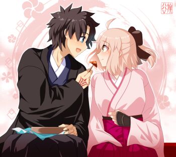 Rule 34 | 1boy, 1girl, ahoge, armor, black bow, black hair, black hakama, black haori, black pants, blonde hair, blue eyes, blue kimono, blush, bow, breasts, cimeri, closed mouth, command spell, commentary request, fate/grand order, fate (series), floral background, food, fujimaru ritsuka (male), fujimaru ritsuka (male) (ceremonial new year), hair between eyes, hair bow, hakama, hakama pants, hakama skirt, hand up, haori, holding, holding skewer, japanese armor, japanese clothes, kimono, kote, kurokote, long sleeves, looking at another, low ponytail, lunchbox, medium breasts, official alternate costume, okita souji (fate), okita souji (first ascension) (fate), okita souji (koha-ace), open clothes, open mouth, pants, pink bow, pink hakama, pink kimono, pink skirt, ponytail, short hair, short ponytail, sitting, skewer, skirt, smile, tongue, white background, wide sleeves, yellow eyes
