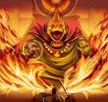 Rule 34 | 2boys, ahegao8, aqua eyes, baramos, battle, brown hair, cape, circlet, commentary request, dragon quest, dragon quest iii, fire, floating cape, floating hair, green cape, green robe, hero (dq3), highres, holding, holding sword, holding weapon, jewelry, male focus, monster, multiple boys, necklace, open mouth, red cape, robe, roto (dq3), spiked hair, sword, torn cape, torn clothes, weapon