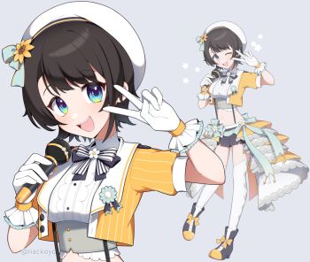 beret blue_eyes blue_shoes blue_shorts brown_hair cropped_jacket cropped_shirt garter_straps gloves hat highres holding holding_microphone hololive jacket looking_at_viewer microphone nackoyo official_alternate_costume one_eye_closed oozora_subaru oozora_subaru_(starlight) open_mouth shirt shoes short_hair shorts smile solo suspender_shorts suspenders teeth thighhighs upper_teeth_only v virtual_youtuber white_garter_straps white_gloves white_hat white_shirt white_thighhighs yellow_jacket