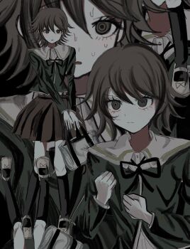 Rule 34 | 1boy, :o, black ribbon, black socks, brown hair, brown skirt, clenched hands, commentary request, danganronpa: trigger happy havoc, danganronpa (series), egao (nsazrs), frown, fujisaki chihiro, highres, kneehighs, long sleeves, miniskirt, neck ribbon, open mouth, pleated skirt, ribbon, short hair, skirt, socks, sweat, trap