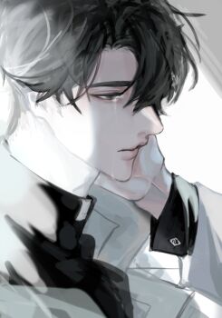 Rule 34 | 1boy, absurdres, backlighting, belt collar, black eyes, black hair, black shirt, collar, commentary request, crying, crying with eyes open, expressionless, hand on own face, hand up, hayu beck, highres, korean commentary, long sleeves, male focus, omniscient reader's viewpoint, popped collar, secretive plotter, shirt, short hair, solo, tears, upper body, white collar, yoo joonghyuk