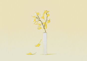Rule 34 | absurdres, comiket 107, commentary request, falling leaves, ginkgo leaf, gradient background, highres, invisible floor, leaf, mitsubachi (roundbee), no humans, original, plant, plant focus, shadow, simple background, still life, vase, yellow background, yellow theme