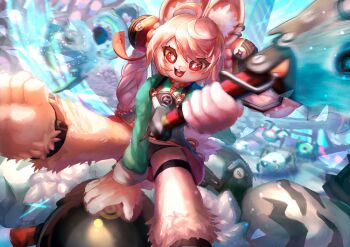 1girl 1other animal_ear_fluff animal_ear_piercing animal_ears animal_feet anklet black_panties blurry blurry_background blurry_foreground braid braided_twintails bright_pupils chinese_clothes commentary_request ethereal_(zenless_zone_zero) furry furry_female green_shirt highres holding holding_sword holding_weapon jewelry long_hair looking_at_viewer medallion motion_blur open_mouth outdoors panties parantal pink_fur pink_hair rabbit_ears rabbit_girl red_eyes screw shirt short_eyebrows solo_focus sword teeth thick_eyebrows thigh_strap underwear upper_teeth_only weapon white_pupils zenless_zone_zero zhao_(zenless_zone_zero)