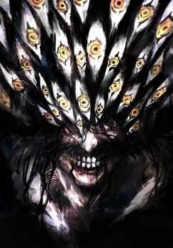 1boy black_hair bleach bleach:_sennen_kessen-hen blood clenched_teeth close-up dark eldritch_abomination evil_smile extra_eyes facial_hair highres horror_(theme) long_hair looking_at_viewer male_focus mustache no_eyebrows nose old old_man open_mouth quincy_(bleach) red_eyes shaded_face shadow simple_background smile solo sternritter teeth thick_mustache xa8uofivf2mcart yellow_eyes yhwach