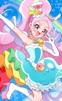 animal_ears bare_shoulders berry blush commentary_request cure_parfait dress earrings elbow_gloves food food-themed_hair_ornament fruit gloves hair_ornament headband highres horse_ears jewelry kirakira_precure_a_la_mode kiwi_(fruit) leaf lemon long_hair magical_girl mepomipoprepre2 multicolored_eyes open_mouth orange_(fruit) parfait pearl_choker pearl_earrings pink_hair ponytail precure star_(symbol) strapless strapless_dress tail white_gloves white_tail white_wings wings