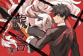 1boy 1girl ai_the_somnium_files ai_the_somnium_files:_nirvana_initiative black_hair black_shirt dark-skinned_female dark_skin highres horns lipstick long_sleeves looking_at_viewer looking_back makeup multicolored_hair red_background red_eyes ryuki_kuruto shirt simple_background streaked_hair tama_(ai_the_somnium_files) teiuyou white_hair