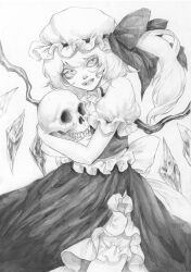 Rule 34 | 1girl, collared shirt, flandre scarlet, frilled hat, frilled shirt, frilled skirt, frilled sleeves, frills, gem, greyscale, hat, hat ornament, hat ribbon, highres, holding, holding skull, hug, hugging object, jewelry, johnalay, medium hair, mob cap, monochrome, neckerchief, open mouth, ponytail, puffy short sleeves, puffy sleeves, ribbon, shirt, short sleeves, side ponytail, simple background, skirt, skull, smile, swept bangs, teeth, tongue, touhou, traditional media, vampire, vest, waist ribbon, white background, wings