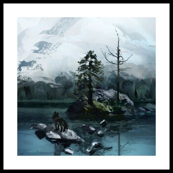 absurdres animal border cloud cloudy_sky commentary day fog forest highres island nature no_humans original outdoors painterly rock scenery shore sky twulfs white_border