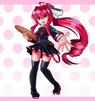 ahoge alternate_costume alternate_hairstyle baguette black_boots black_shirt black_skirt boots bow bread buttons cosplay doki_doki_literature_club drill_hair electronic_baka food hair_bow holding_bread kasane_teto kasane_teto_(utau) monika_(doki_doki_literature_club) monika_(doki_doki_literature_club)_(cosplay) open_mouth pleated_skirt polka_dot polka_dot_background ponytail reaching reaching_towards_viewer red_eyes red_hair red_ribbon red_trim ribbon shirt skirt smile thigh_boots thighs utau white_bow