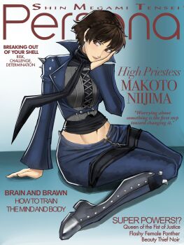 1girl absurdres biker_clothes bikesuit black_shirt blue_pants bodysuit brown_eyes brown_hair chaosoded character_name closed_mouth commentary copyright_name cover english_commentary english_text fake_magazine_cover full_body hand_on_own_face head_rest highres light_blush light_smile looking_to_the_side magazine_cover navel niijima_makoto pants persona persona_5 shirt short_hair solo spikes