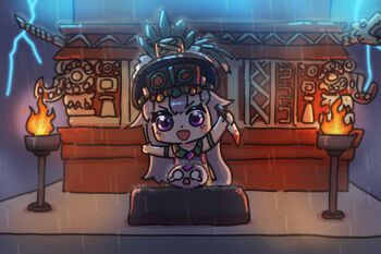 &gt;:p 1girl 1other :d altar architecture bing_huyue blush_stickers chest_jewel chibi commentary crying dagger english_commentary gem hair_flaps highres holding holding_dagger holding_knife holding_weapon hololive hololive_english human_sacrifice knife koseki_bijou long_hair mayan_clothes mesoamerican_architecture open_mouth pebble_(koseki_bijou) purple_eyes purple_gemstone purple_hair rain smile thunder thunderstorm torch virtual_youtuber weapon