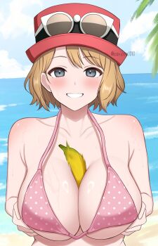 1girl armpit_crease banana beach bikini blonde_hair blue_sky breasts cleavage cloud collarbone commentary_request day eyewear_on_headwear food food_between_breasts fruit grey_eyes grin hat highres large_breasts looking_at_viewer nintendo ocean outdoors phallic_symbol pink_bikini pokemon pokemon_(anime) pokemon_xy_(anime) porkpie_hat red_hat serena_(pokemon) sexually_suggestive short_hair sky smile solo sunglasses surippa1010 swimsuit upper_body white-framed_eyewear