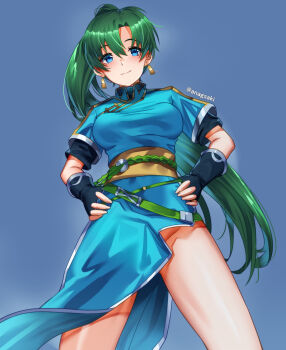 Rule 34 | 1girl, aona (anagasaki), blue dress, blush, breasts, commentary request, dress, earrings, fingerless gloves, fire emblem, fire emblem: the blazing blade, gloves, green eyes, green hair, high ponytail, highres, jewelry, large breasts, long hair, looking at viewer, lyn (fire emblem), nintendo, pelvic curtain, ponytail, rope belt, side slit, smile, solo, thighs