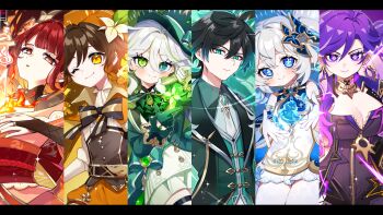 Rule 34 | 2boys, 4girls, ahoge, alternate color, alternate eye color, alternate hair color, alternate universe, aqua eyes, aqua hair, ascot, asymmetrical gloves, bare shoulders, beret, biker clothes, bikesuit, black bodysuit, black bow, black bowtie, black coat, black gloves, black hair, bloomers, blue eyes, blue hair, blue sleeves, blush, bodysuit, bow, bowtie, braid, braided ponytail, breasts, bridal gauntlets, brown hair, bubble, cape, cleavage, closed mouth, coat, commentary request, cowboy shot, detached sleeves, dress, drop-shaped pupils, earrings, electro symbol (genshin impact), finger frame, fire, flower, furina (genshin impact), gem, genshin impact, geo symbol (genshin impact), gloves, gold trim, gradient hair, green ascot, green background, green bow, green eyes, green gem, green gloves, green hair, green hat, green jacket, green pupils, green ribbon, green theme, hair between eyes, hair ornament, hand up, hands up, hat, hat bow, hat flower, hat ribbon, heterochromia, highres, holding, holding sword, holding weapon, human scabbard, jacket, japanese clothes, jewelry, kimono, large breasts, light smile, long hair, long sleeves, looking at viewer, mavuika (genshin impact), mismatched gloves, mole, mole under eye, multicolored hair, multiple boys, multiple girls, musou isshin (genshin impact), nahida (genshin impact), nail polish, obi, obiage, obijime, oishii sasa, one eye closed, orange eyes, orange kimono, orange nails, pale skin, palette swap, pantyhose, parted lips, pointy ears, purple eyes, purple hair, pyro symbol (genshin impact), raiden shogun, red hair, red thighhighs, ribbon, sash, shirt, short hair with long locks, short kimono, shorts, shrug (clothing), side ponytail, single braid, sleeveless, sleeveless dress, smile, streaked hair, sword, symbol-shaped pupils, symbol in eye, thigh strap, thighhighs, thighs, twin braids, twitter username, underwear, venti (genshin impact), very long hair, vision (genshin impact), weapon, white bloomers, white dress, white gloves, white hair, white pantyhose, white shirt, white shorts, wide sleeves, yellow eyes, yellow hat, yellow shorts, zhongli (genshin impact)