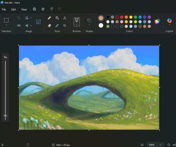 Rule 34 | art program in frame, cave, christian young, cloud, cloudy sky, commentary, day, dirt road, flower, grass, highres, hill, landscape, meadow, microsoft paint (medium), microsoft paint (software), no humans, original, outdoors, painterly, road, scenery, screencap, shadow, sky