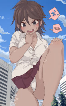 1girl blouse danganronpa_(series) danganronpa_2:_goodbye_despair dark-skinned_female dark_skin day female_focus giant giantess hair_between_eyes highres imminent_vore implied_vore open_mouth outdoors owari_akane panties school_uniform shirt solo underwear upskirt uru_(uru0000) white_panties white_shirt