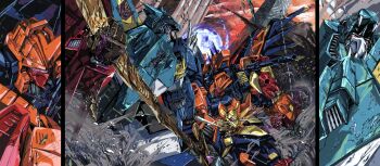 1980s_(style) 2boys character_request damaged decepticon fighting highres holding holding_sword holding_weapon liokaiser looking_down looking_up marble-v mecha multiple_boys multiple_views no_humans oldschool predaking_(transformers) retro_artstyle robot science_fiction shoulder_cannon sword transformers transformers_victory weapon