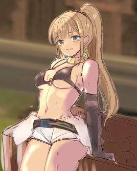 1girl bikini bikini_top_only black_bikini black_gloves blue_eyes blurry blurry_background blush breasts brown_background brown_hair commentary_request cowboy_shot elbow_gloves fingerless_gloves gloves high_ponytail highres jumpsuit jumpsuit_around_waist long_hair looking_at_viewer mechanic_(ragnarok_online) medium_breasts navel o-ring o-ring_top open_mouth ponytail pullcart ragnarok_online shimako_(user_jsaa7243) smile solo sweat swimsuit white_jumpsuit