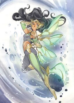 1girl air_bubble ankle_fins armor back_fin black_eyes black_hair black_pants black_shirt boots bubble crop_top dark-skinned_female dark_skin detached_sleeves fins floating_hair gloves glowing gold_boots gold_tiara green_gloves green_pants green_shirt highres long_hair looking_to_the_side marvel midriff multicolored_pants multicolored_shirt pants pauldrons peach_momoko shirt shoulder_armor solo tiara wave_(marvel)