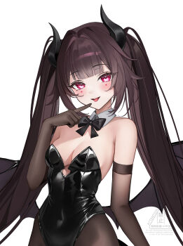 1girl :p alternate_costume bare_shoulders black_bow black_bowtie black_gloves black_leotard black_pantyhose bow bowtie breasts brown_hair collar commentary demon_horns demon_wings detached_collar elbow_gloves facial_mark foka_(beginner) gloves highres honkai:_star_rail honkai_(series) horns leotard looking_at_viewer medium_breasts pantyhose red_eyes simple_background solo sparkle_(honkai:_star_rail) strapless strapless_leotard symbol_in_eye tongue tongue_out twintails white_background white_collar wings