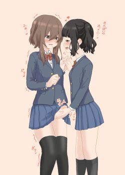 1futa 1girl absurdres azumanishiki black_eyes black_hair black_socks black_thighhighs blazer blue_jacket blue_skirt blunt_bangs blush bow bowtie brown_eyes brown_hair buttoned_cuffs buttons clenched_hand collared_shirt commentary_request erection feet_out_of_frame fingernails futa_with_female futanari hair_between_eyes handjob heart highres holding_hands interlocked_fingers jacket lapels long_sidelocks long_sleeves looking_at_another notched_lapels open_mouth original penis pleated_skirt pocket red_bow red_bowtie school_uniform shirt short_hair sidelocks simple_background skirt socks standing thighhighs translation_request trembling white_shirt yellow_background