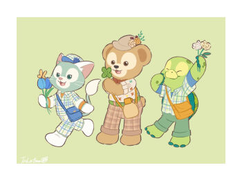 3boys animal_ears commentary_request duffy_and_friends duffy_the_disney_bear flower full_body furry furry_male gelatoni green_fur highres holding looking_at_viewer multiple_boys olu_mel shirt smile standing stuffed_animal stuffed_toy takatmaorange turtle_boy