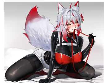 1girl absurdres ahoge animal_ear_fluff animal_ears bed black_bodysuit black_sclera black_thighhighs bodysuit bodysuit_under_clothes breasts collar colored_sclera covered_erect_nipples elegia facial_mark gradient_hair grey_hair grin highres large_breasts latex latex_bodysuit leash looking_at_viewer multicolored_hair on_bed orange_eyes original pillow red_hair shiny_clothes shorts smile solo tail thighhighs two-tone_hair variant_set white_shorts wolf_ears wolf_girl wolf_tail