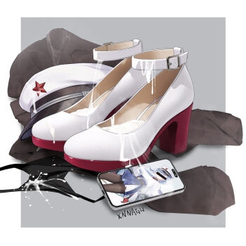 Rule 34 | anshan (warship girls r), black pantyhose, block heels, cellphone, commentary request, cum, cum in footwear, footwear focus, hat, high heels, highres, no humans, pantyhose, phone, shoe soles, shoes, smartphone, still life, unworn pantyhose, unworn shoes, warship girls r, white shoes, xnnagu