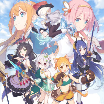 Rule 34 | 6+girls, album cover, animal ear fluff, animal ears, animal hands, ascot, black gloves, black hair, black horns, black pantyhose, blue eyes, blue hair, blue sky, blue sleeves, blush, breasts, brown gloves, cat ears, cleavage, closed eyes, closed mouth, commentary request, cover, crown, cygames, detached sleeves, elbow gloves, frilled sleeves, frills, gloves, gourmet guild (princess connect!), green eyes, hair between eyes, hairband, hands up, highres, hiyori (princess connect!), holding, holding sword, holding weapon, horns, karyl (princess connect!), kokkoro (princess connect!), large breasts, long hair, looking at viewer, medium breasts, multicolored hair, multiple girls, official art, open mouth, orange hair, orange shorts, pantyhose, parted lips, paw gloves, pecorine (princess connect!), pink hair, pointy ears, princess connect!, projected inset, puffy shorts, puffy sleeves, purple eyes, red ascot, rei (princess connect!), see-through clothes, see-through sleeves, sheffy (princess connect!), short hair, short sleeves, shorts, sidelocks, single bare shoulder, sky, streaked hair, sword, tiger ears, twinkle wish (princess connect!), v-shaped eyebrows, very long hair, weapon, white hair, yellow eyes, yui (princess connect!)