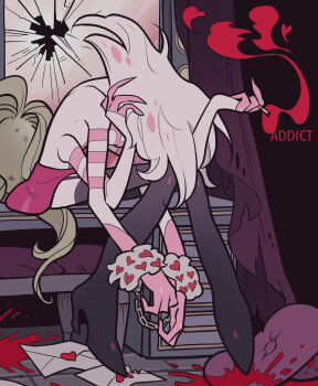 1boy absurdres angel_dust black_boots blood body_fur boots broken_mirror cigarette cuffs curtains dressing_room english_text envelope extra_arms full_body fuzzy_handcuffs hand_on_own_head handcuffs hazbin_hotel head_down heart hellaverse high_heel_boots high_heels highres holding holding_cigarette indoors knees_together_feet_apart letter looking_down male_focus marquee_lights meremero mirror monster_boy pillow pink_fur pink_skirt sitting sitting_on_table skirt smoke solo stool table thigh_boots topless_male torn_curtains two-tone_fur unworn_wig vanity_table white_fur wig