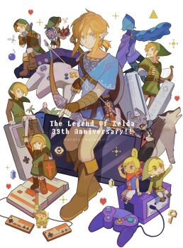 3girls 6+boys anniversary bandaged_wrist bandages bandana bandana_around_neck belt blonde_hair blue_eyes blue_tunic blue_vest bomb boots bow_(weapon) brown_belt brown_boots brown_pants brown_sleeves champion&#039;s_tunic_(zelda) commentary_request controller cross dark-skinned_female dark_skin earrings egg explosive fairy famicom famicom_gamepad fi_(zelda) fold-over_boots game_boy game_console game_controller gamecube gamecube_controller green_hat green_tunic hair_tie handheld_game_console harp hat heart highres holding holding_bow_(weapon) holding_instrument holding_mask holding_shield holding_sword holding_weapon instrument jewelry key latin_cross layered_sleeves link long_sleeves looking_at_viewer majora_(entity) maruta_maruta mask master_sword midna multiple_boys multiple_girls music nintendo nintendo_64 nintendo_64_controller nintendo_switch ocarina open_clothes open_vest pants pixel_heart playing_instrument pointy_ears ponytail purple_shirt red_bandana riding rupee_(zelda) sheikah_slate shield shield_on_back shirt short_hair short_hair_with_long_locks short_over_long_sleeves short_ponytail short_sleeves shoulder_belt simple_background sitting sleeveless sleeveless_shirt sword sword_on_back tatl tetra the_legend_of_zelda the_legend_of_zelda:_breath_of_the_wild the_legend_of_zelda:_link&#039;s_awakening the_legend_of_zelda:_majora&#039;s_mask the_legend_of_zelda:_skyward_sword the_legend_of_zelda:_the_wind_waker the_legend_of_zelda_(nes) toon_link tunic vest weapon weapon_on_back white_background white_pants wii wii_remote wolf wolf_link young_link