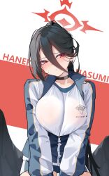 Rule 34 | 1girl, absurdres, black hair, black shorts, black wings, blue archive, blush, breasts, character name, cowboy shot, feathered wings, gym shirt, gym shorts, gym uniform, halo, hasumi (blue archive), hasumi (track) (blue archive), highres, huge breasts, jacket, long hair, long sleeves, looking at viewer, mole, mole under eye, official alternate costume, painterliuhao, parted lips, ponytail, red eyes, red halo, shirt, shorts, solo, track jacket, very long hair, white shirt, wings