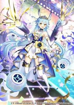 1girl bare_shoulders blue_dress blue_hair blue_shoes breasts copyright_notice crown dress elbow_gloves floating_hair gloves gold_trim gun hair_between_eyes holding holding_gun holding_weapon horns long_hair looking_at_viewer nam_(z/x) official_art open_mouth party_popper ronce screen see-through_cleavage see-through_clothes shoes sidelocks solo sparkle stage standing standing_on_one_leg star_(symbol) thighhighs very_long_hair weapon white_gloves white_thighhighs yellow_eyes z/x