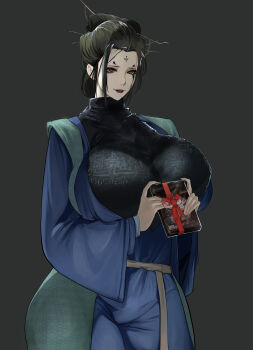 Rule 34 | 1girl, absurdres, black eyes, black hair, black lips, black myth: wukong, breasts, commentary, cowboy shot, english commentary, facial mark, forehead mark, fourth sister (black myth: wukong), gift, grey background, highres, holding, holding gift, huge breasts, lipstick, long hair, long sleeves, lumc, makeup, mature female, simple background, solo, wide sleeves