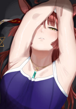 1girl absurdres animal_ears armpits arms_up blue_one-piece_swimsuit blush commentary_request highres horse_ears horse_girl jime_asyl long_hair looking_at_viewer one-piece_swimsuit parted_lips partial_commentary red_desire_(umamusume) red_hair solo swimsuit umamusume yellow_eyes