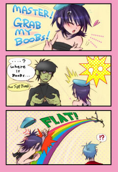 1girl 2boys 2d_(gorillaz) angry colored_skin comic cross cross_necklace cyborg_noodle gorillaz green_skin hat heart inverted_cross jewelry multiple_boys murdoc_niccals necklace punching rainbow violence
