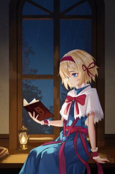 1girl alice_margatroid blonde_hair blue_dress blue_eyes book bow bowtie capelet chunjiu commentary dress frilled_hairband frills hairband highres holding holding_book indoors lantern lolita_hairband medium_hair night night_sky open_book reading red_bow red_bowtie red_hairband sitting sky solo touhou white_capelet window wrist_cuffs