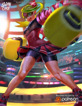 1girl action arms_(game) artist_name audience bike_shorts bike_shorts_under_skirt blonde_hair blue_eyes boxing_gloves breasts curvy earrings hair_ribbon highres jewelry legs logan_cure long_hair mask medium_breasts nintendo open_mouth ponytail punching ribbon ribbon_girl_(arms) shiny_skin skirt thighs toned upskirt